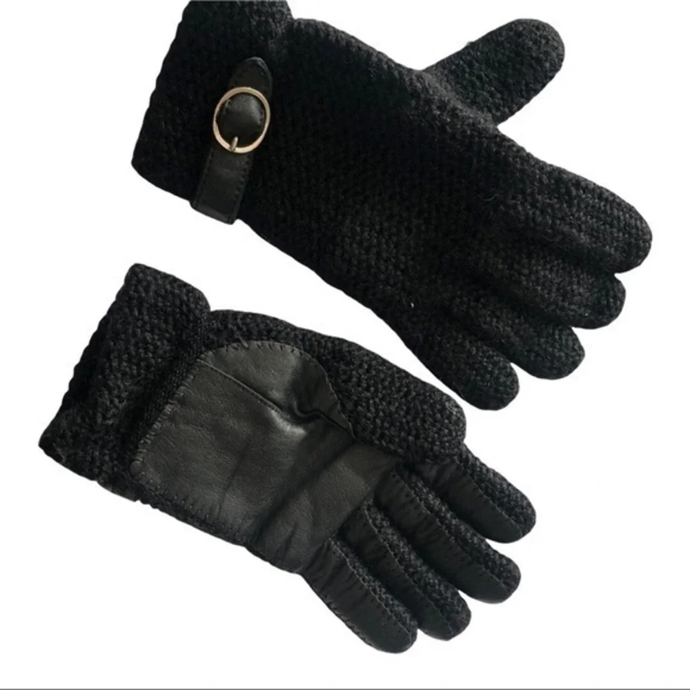 Women Black Wool Knit Leather Glove